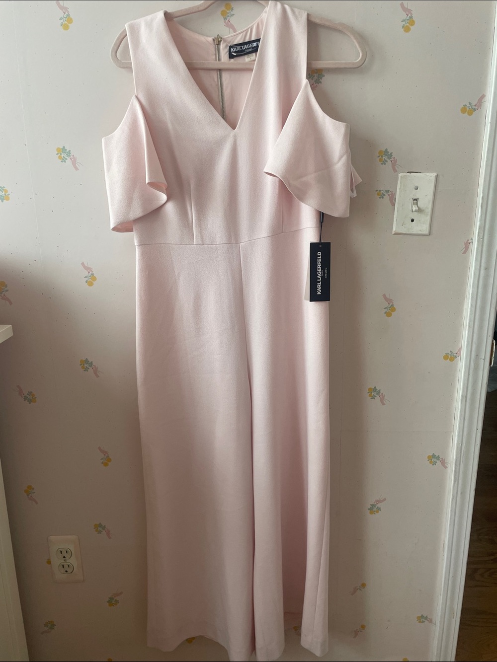 Karl Lagerfeld Pale Pink Cold-Shoulder Wide-Leg Jumpsuit